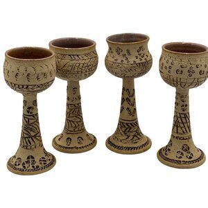 Merrill Etched Pottery Set 4 Estate Stemmed Chalices Goblets Candleholders EUC